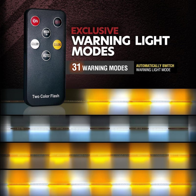 OPT7 2PCS 63" LED Strobe Light Strips - Weatherproof Running Board Emergency Lights with Remote Control, Amber & White Flashing Lights with 31 Warning Modes for Truck Construction Vehicles Pickups - Image 3